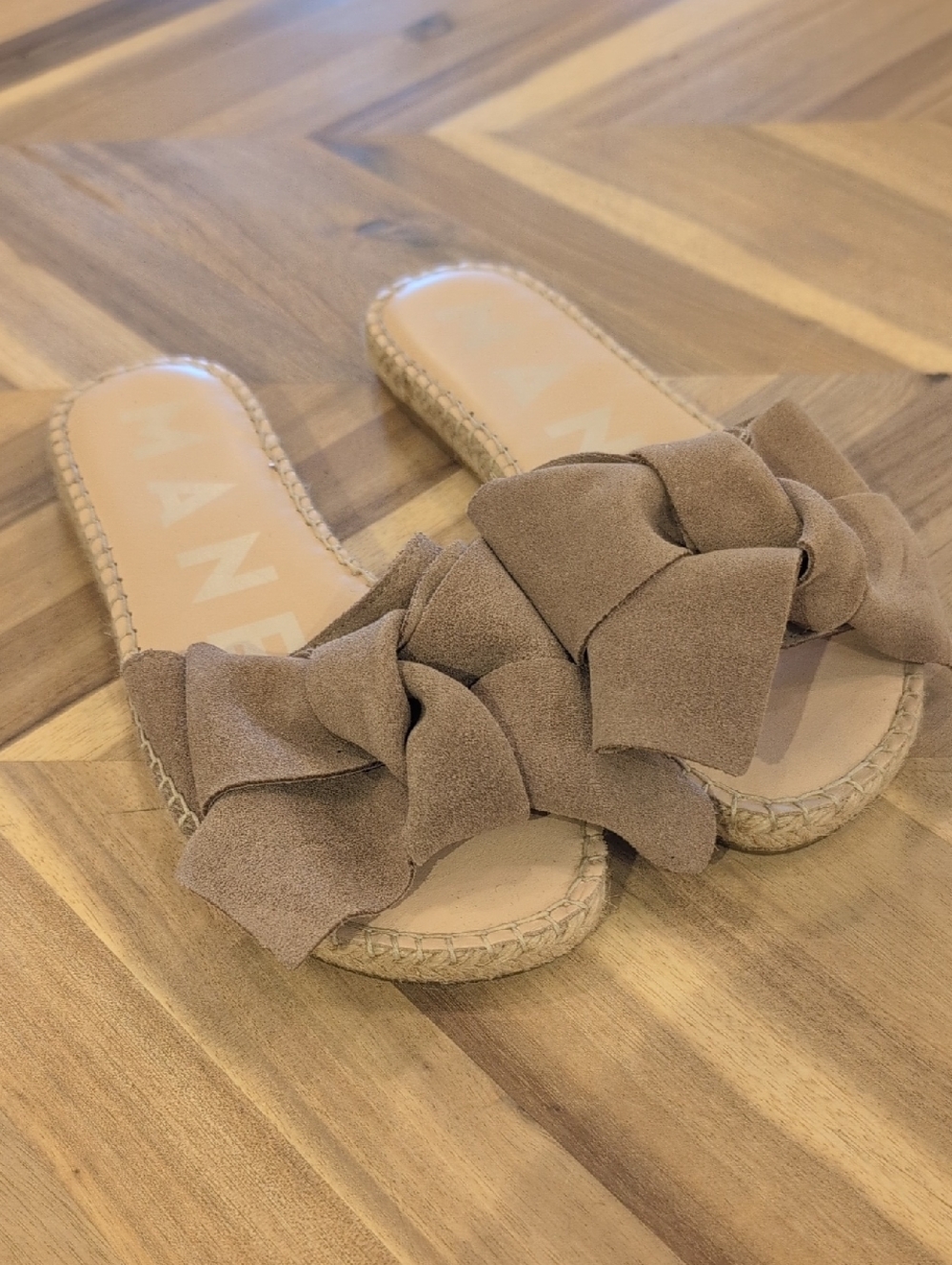Manebi Taupe Suede Bow Espadrille Slide Sandals